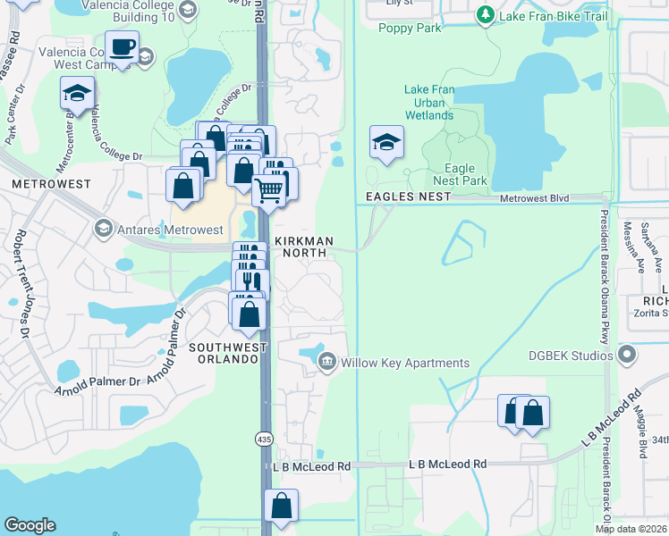 map of restaurants, bars, coffee shops, grocery stores, and more near 5518 Metrowest Boulevard in Orlando