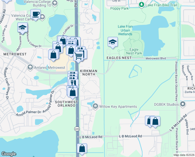 map of restaurants, bars, coffee shops, grocery stores, and more near 5506 Metrowest Boulevard in Orlando