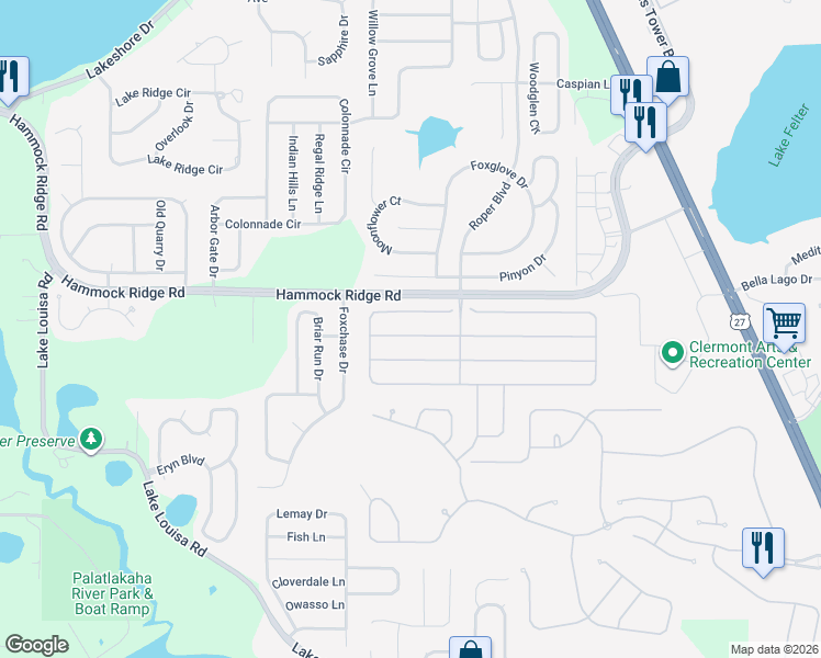 map of restaurants, bars, coffee shops, grocery stores, and more near 1373 Lattimore Drive in Clermont