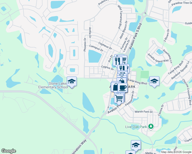 map of restaurants, bars, coffee shops, grocery stores, and more near 13632 Eridanus Drive in Orlando