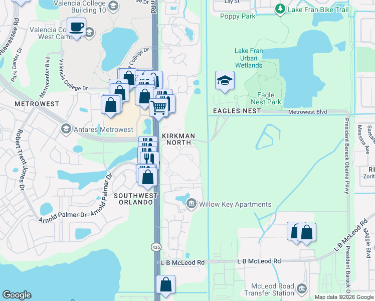 map of restaurants, bars, coffee shops, grocery stores, and more near 5512 Metrowest Boulevard in Orlando