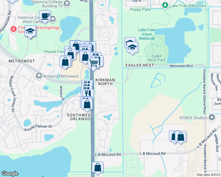 map of restaurants, bars, coffee shops, grocery stores, and more near 5506 Metrowest Boulevard in Orlando