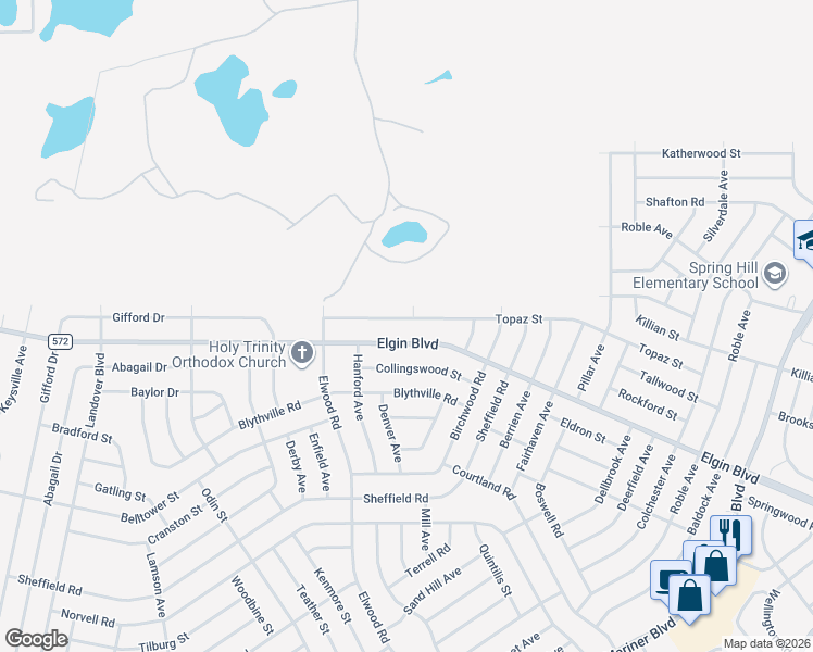 map of restaurants, bars, coffee shops, grocery stores, and more near 11321 Topaz Street in Spring Hill