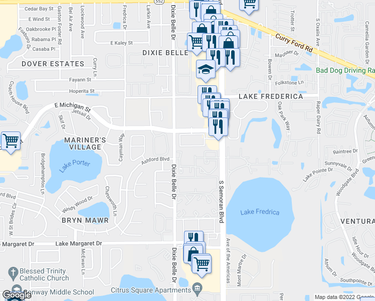map of restaurants, bars, coffee shops, grocery stores, and more near 2956 South Semoran Boulevard in Orlando