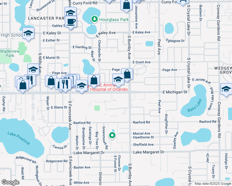 map of restaurants, bars, coffee shops, grocery stores, and more near 2209 East Michigan Street in Orlando