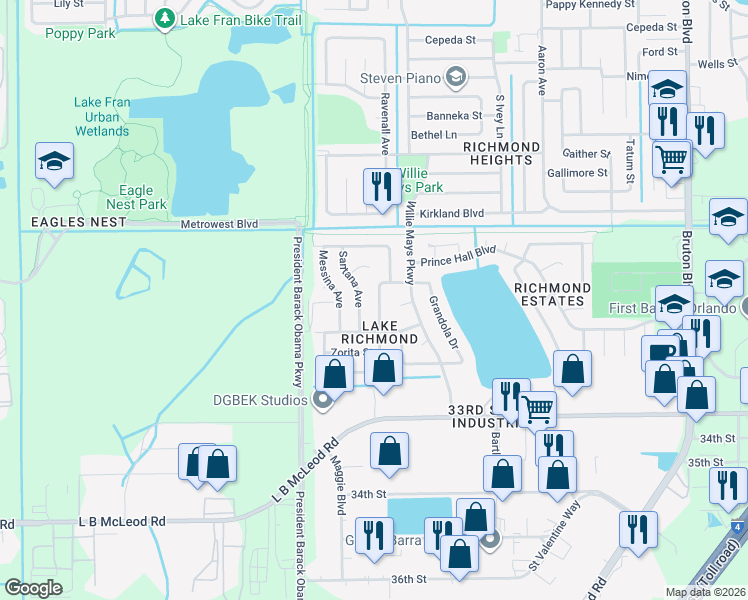 map of restaurants, bars, coffee shops, grocery stores, and more near 2674 Ravenall Avenue in Orlando