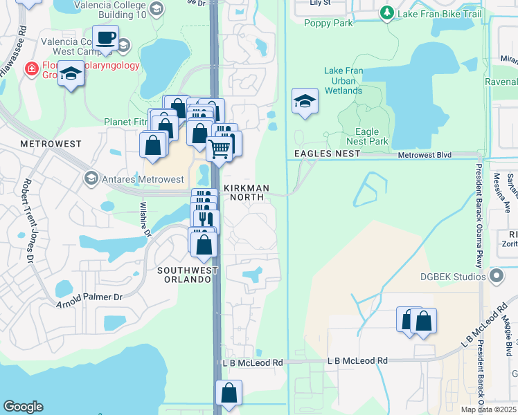 map of restaurants, bars, coffee shops, grocery stores, and more near 5506 Metrowest Boulevard in Orlando