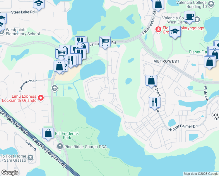 map of restaurants, bars, coffee shops, grocery stores, and more near 2458 Lake Debra Drive in Orlando