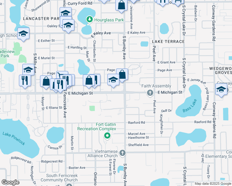 map of restaurants, bars, coffee shops, grocery stores, and more near 2350 East Michigan Street in Orlando