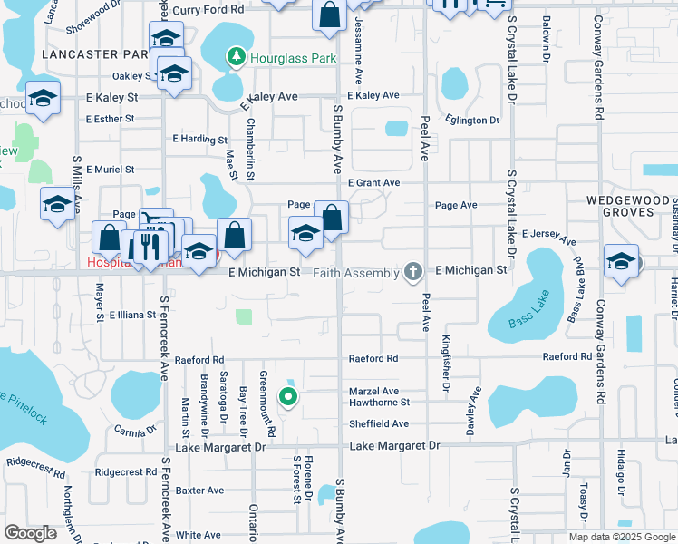 map of restaurants, bars, coffee shops, grocery stores, and more near E Michigan St & S Bumby Ave in Orlando