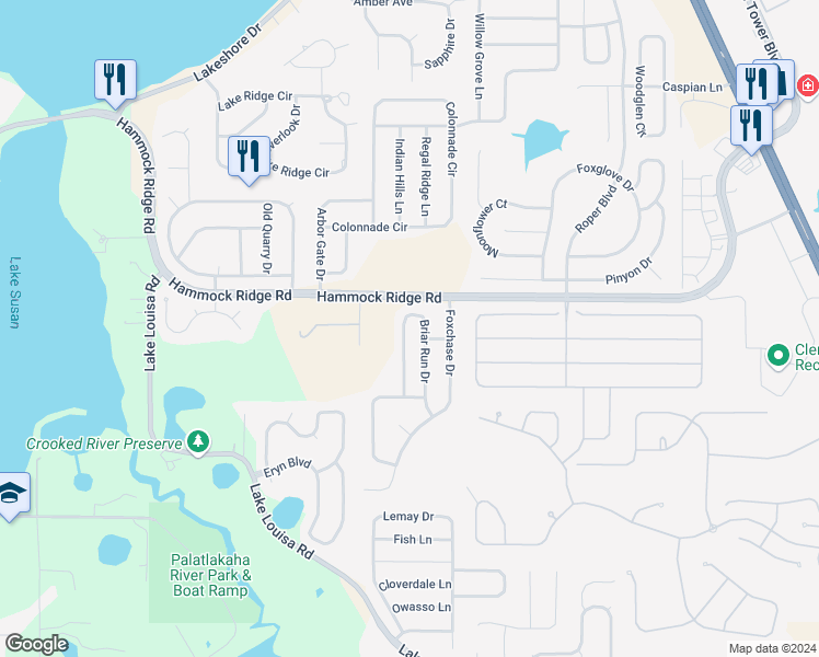 map of restaurants, bars, coffee shops, grocery stores, and more near 3691 Briar Run Drive in Clermont