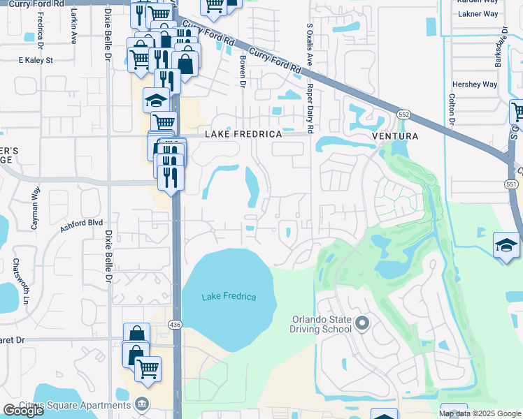 map of restaurants, bars, coffee shops, grocery stores, and more near 2980 Oak Park Way in Orlando