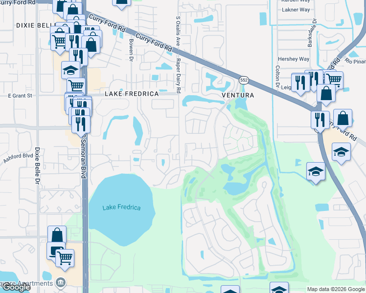 map of restaurants, bars, coffee shops, grocery stores, and more near 2960 Cottage Grove Court in Orlando
