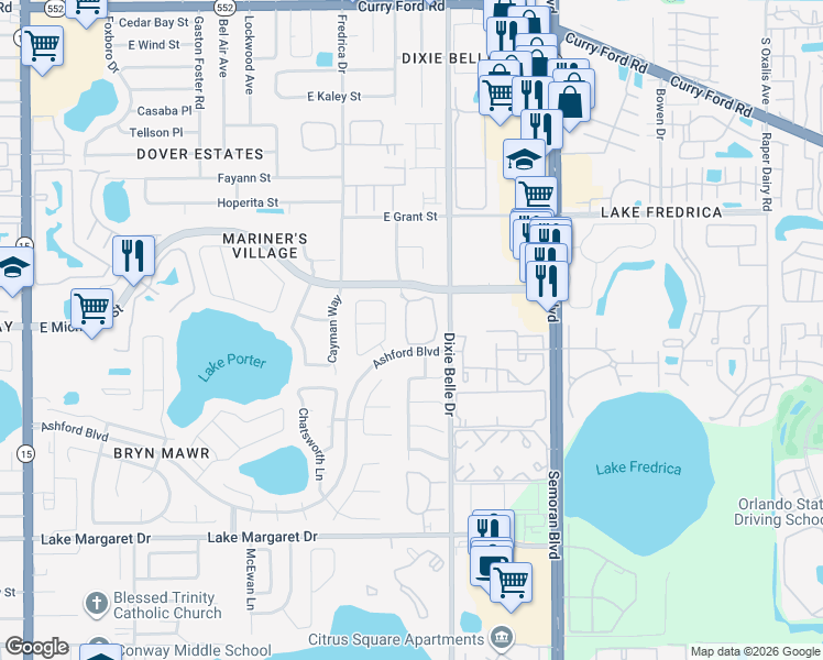 map of restaurants, bars, coffee shops, grocery stores, and more near 2833 Conover Avenue in Orlando