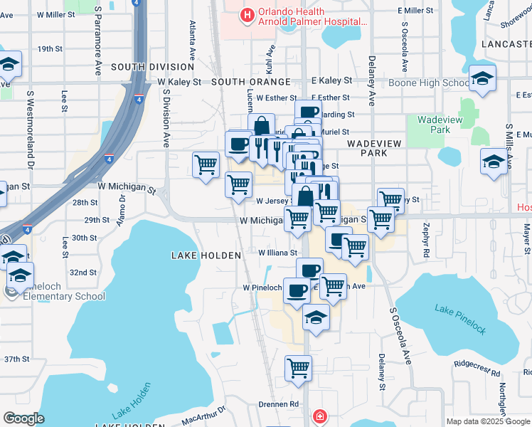 map of restaurants, bars, coffee shops, grocery stores, and more near 38 West Jersey Street in Orlando