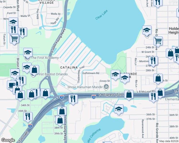 map of restaurants, bars, coffee shops, grocery stores, and more near 2701 Gulfstream Road in Orlando