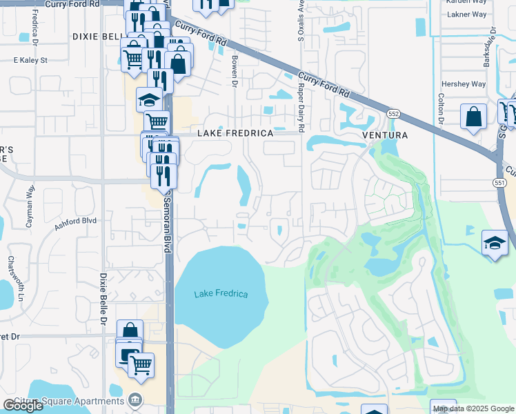 map of restaurants, bars, coffee shops, grocery stores, and more near 2980 Oak Park Way in Orlando
