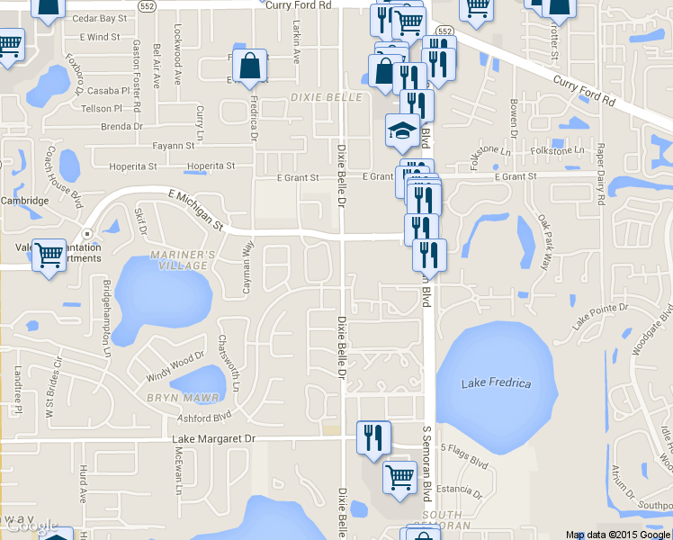 map of restaurants, bars, coffee shops, grocery stores, and more near 5444 East Michigan Street in Orlando