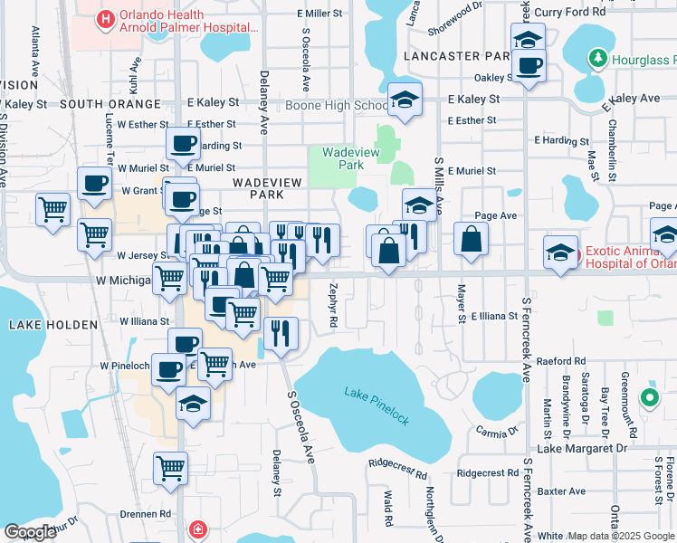 map of restaurants, bars, coffee shops, grocery stores, and more near 2676 Copley Lane in Orlando