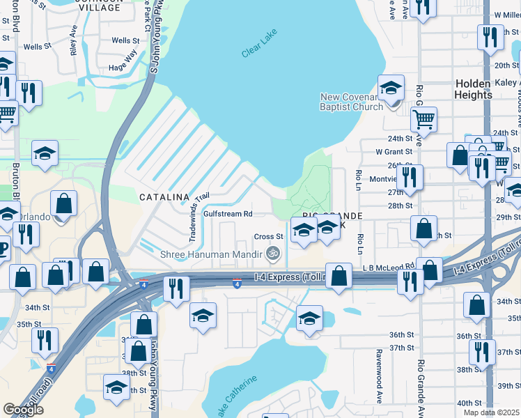 map of restaurants, bars, coffee shops, grocery stores, and more near 2805 Gulfstream Court in Orlando