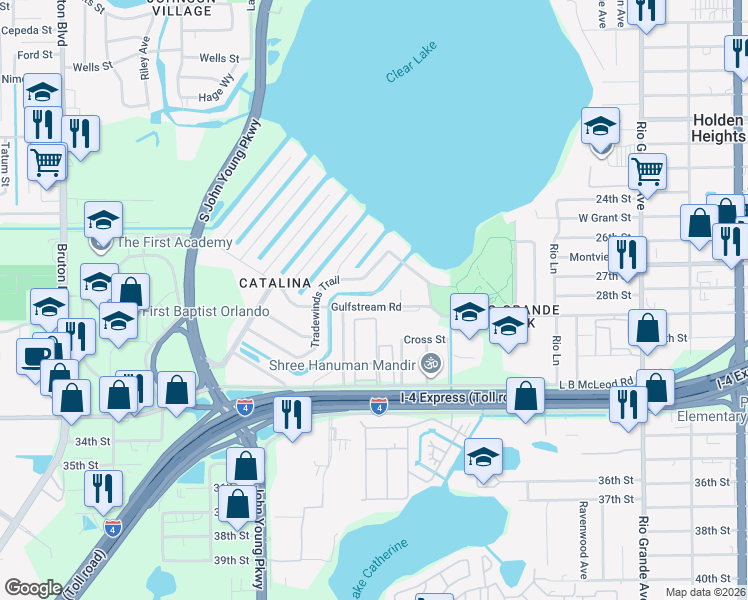 map of restaurants, bars, coffee shops, grocery stores, and more near 2701 Gulfstream Road in Orlando