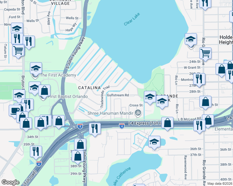 map of restaurants, bars, coffee shops, grocery stores, and more near 2701 Gulfstream Road in Orlando