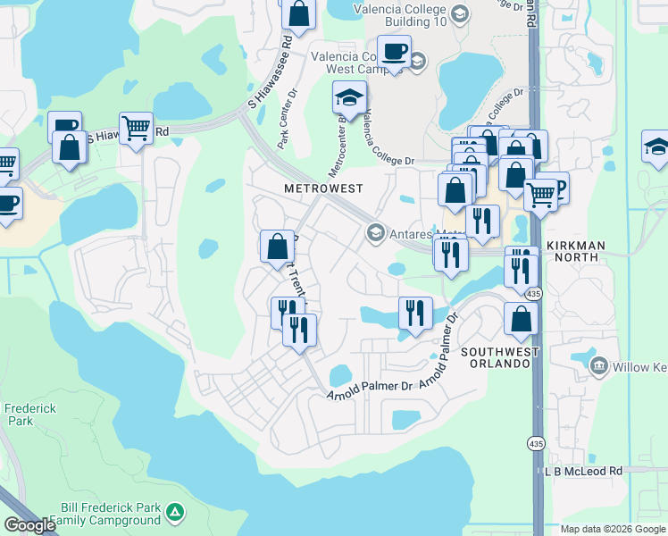 map of restaurants, bars, coffee shops, grocery stores, and more near 2679 Metro Sevilla Drive in Orlando