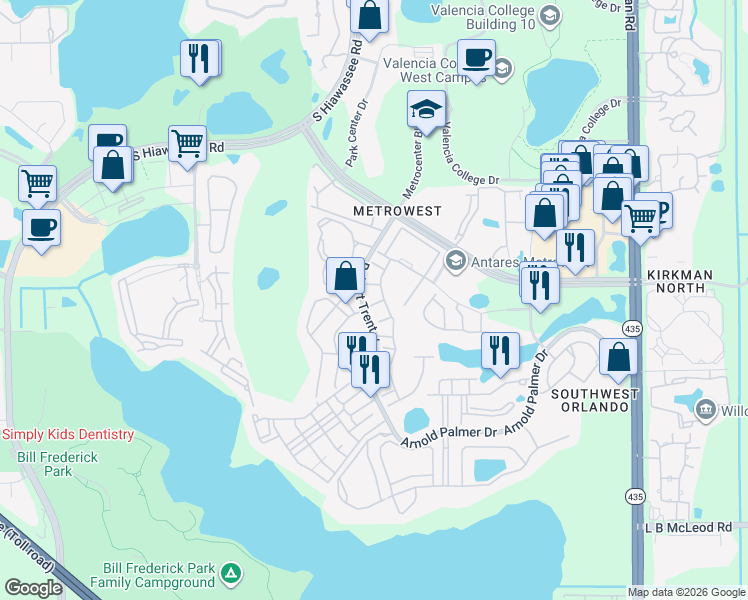 map of restaurants, bars, coffee shops, grocery stores, and more near 2674 Robert Trent Jones Drive in Orlando