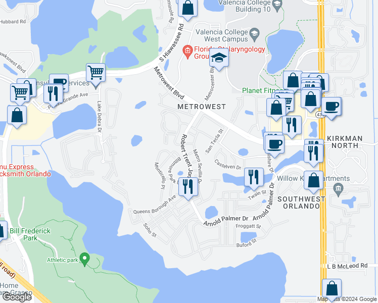 map of restaurants, bars, coffee shops, grocery stores, and more near 6443 Axeitos Terrace in Orlando