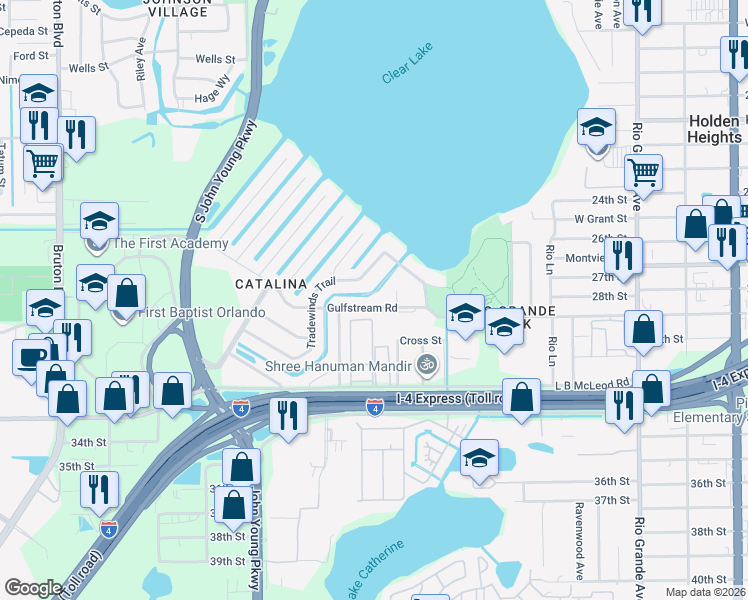 map of restaurants, bars, coffee shops, grocery stores, and more near 2701 Gulfstream Road in Orlando