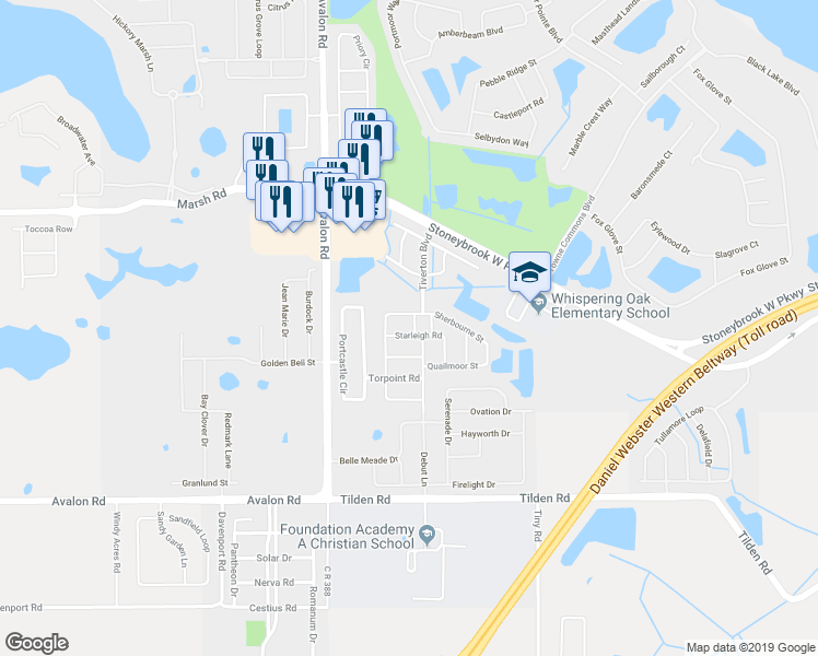 map of restaurants, bars, coffee shops, grocery stores, and more near 1712 Tidefield Road in Winter Garden