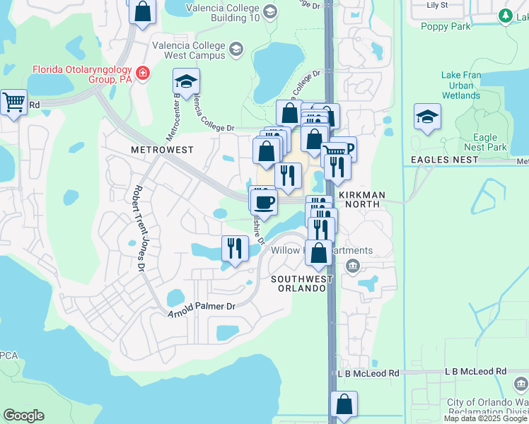 map of restaurants, bars, coffee shops, grocery stores, and more near 5990 Metrowest Boulevard in Orlando