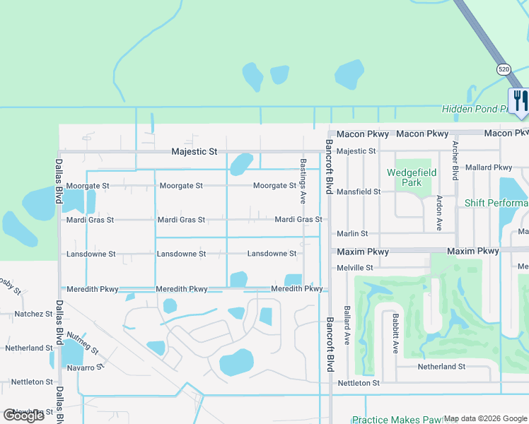 map of restaurants, bars, coffee shops, grocery stores, and more near 19715 Mardi Gras Street in Orlando