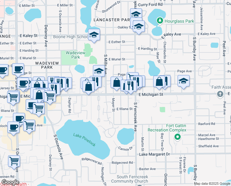 map of restaurants, bars, coffee shops, grocery stores, and more near 1209 East Michigan Street in Orlando
