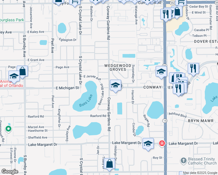 map of restaurants, bars, coffee shops, grocery stores, and more near E Michigan St & Conway Gardens Rd in Orlando