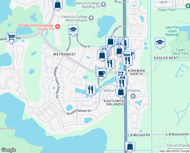 map of restaurants, bars, coffee shops, grocery stores, and more near 5990 Metrowest Boulevard in Orlando
