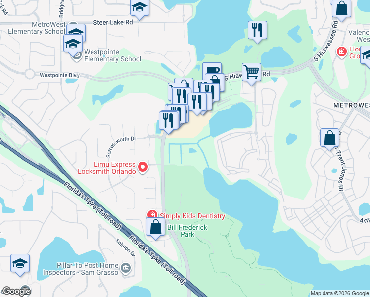 map of restaurants, bars, coffee shops, grocery stores, and more near 7123 Yacht Basin Avenue in Orlando