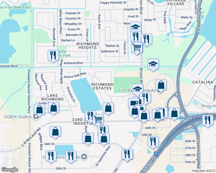 map of restaurants, bars, coffee shops, grocery stores, and more near 2711 John Bruce Avenue in Orlando