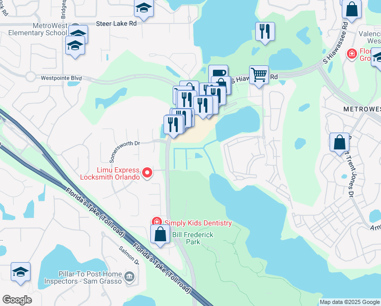 map of restaurants, bars, coffee shops, grocery stores, and more near 7123 Yacht Basin Avenue in Orlando