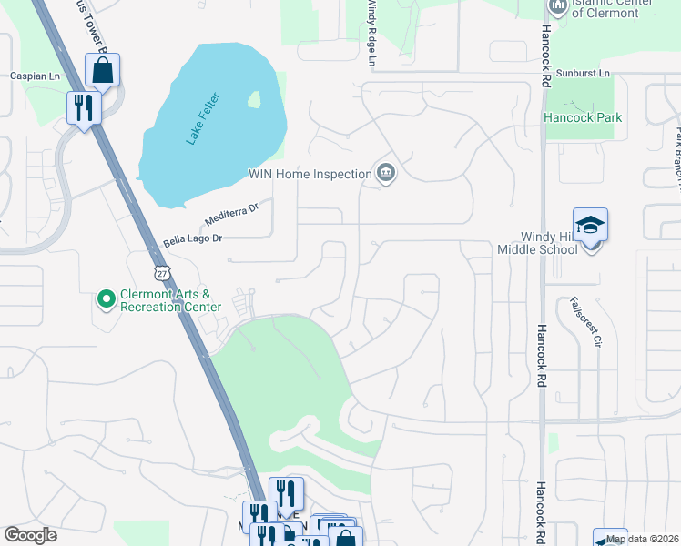 map of restaurants, bars, coffee shops, grocery stores, and more near 2115 Cardigan Drive in Clermont