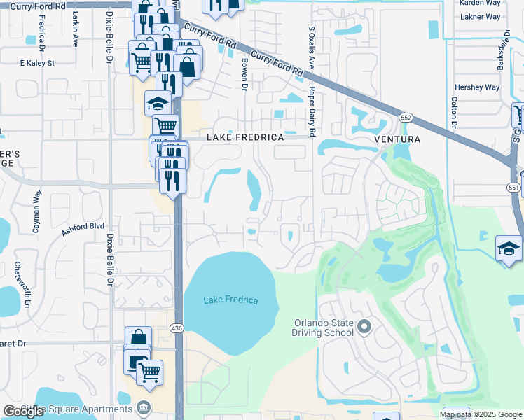 map of restaurants, bars, coffee shops, grocery stores, and more near 2980 Oak Park Way in Orlando