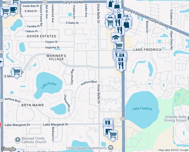 map of restaurants, bars, coffee shops, grocery stores, and more near 5444 East Michigan Street in Orlando