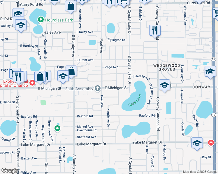 map of restaurants, bars, coffee shops, grocery stores, and more near 2823 East Michigan Street in Orlando