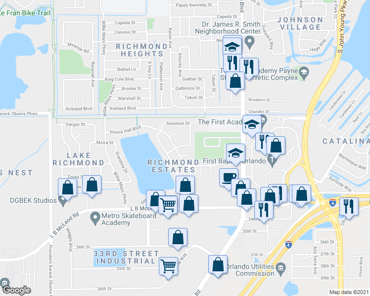 map of restaurants, bars, coffee shops, grocery stores, and more near 2711 John Bruce Avenue in Orlando