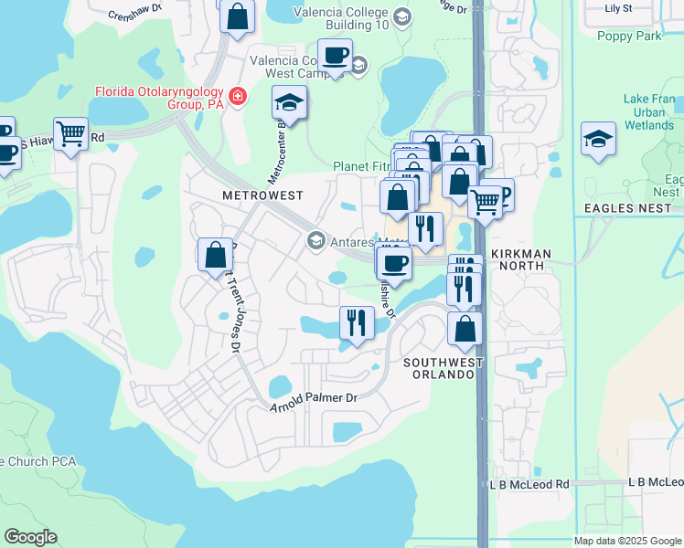 map of restaurants, bars, coffee shops, grocery stores, and more near 6104-6150 Metrowest Blvd in Orlando