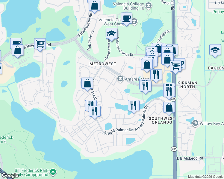 map of restaurants, bars, coffee shops, grocery stores, and more near 2804 Polvadero Lane in Orlando