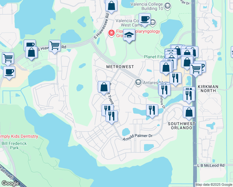 map of restaurants, bars, coffee shops, grocery stores, and more near 2679 Metro Sevilla Drive in Orlando