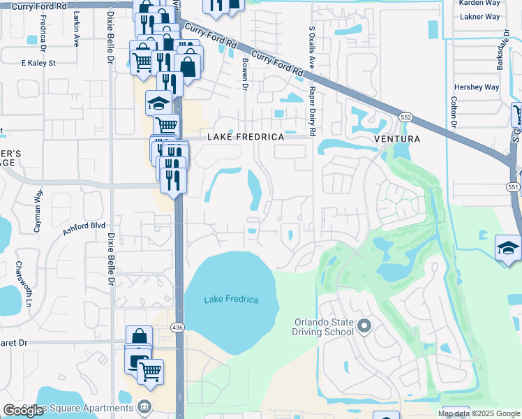 map of restaurants, bars, coffee shops, grocery stores, and more near 2980 Oak Park Way in Orlando