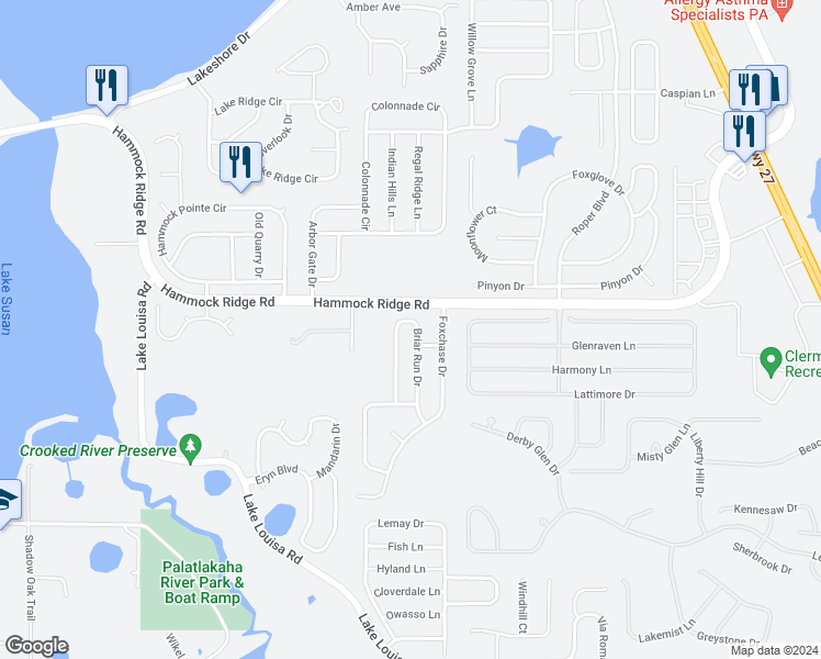 map of restaurants, bars, coffee shops, grocery stores, and more near 3663 Briar Run Drive in Clermont