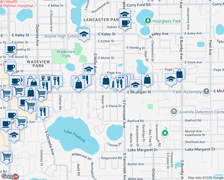 map of restaurants, bars, coffee shops, grocery stores, and more near 2615 South Brown Avenue in Orlando